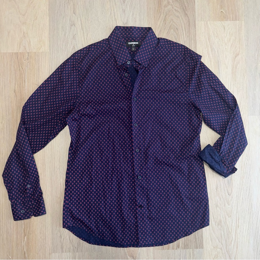 Men’s Express Classic Blue & Burgundy Long Sleeve Button Up - Size Medium